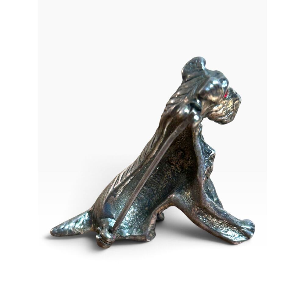 Vintage Silver Tone Terrier Dog Brooch Pin Red Rhinestone Eyes Figural 1960s - Picture 3 of 8